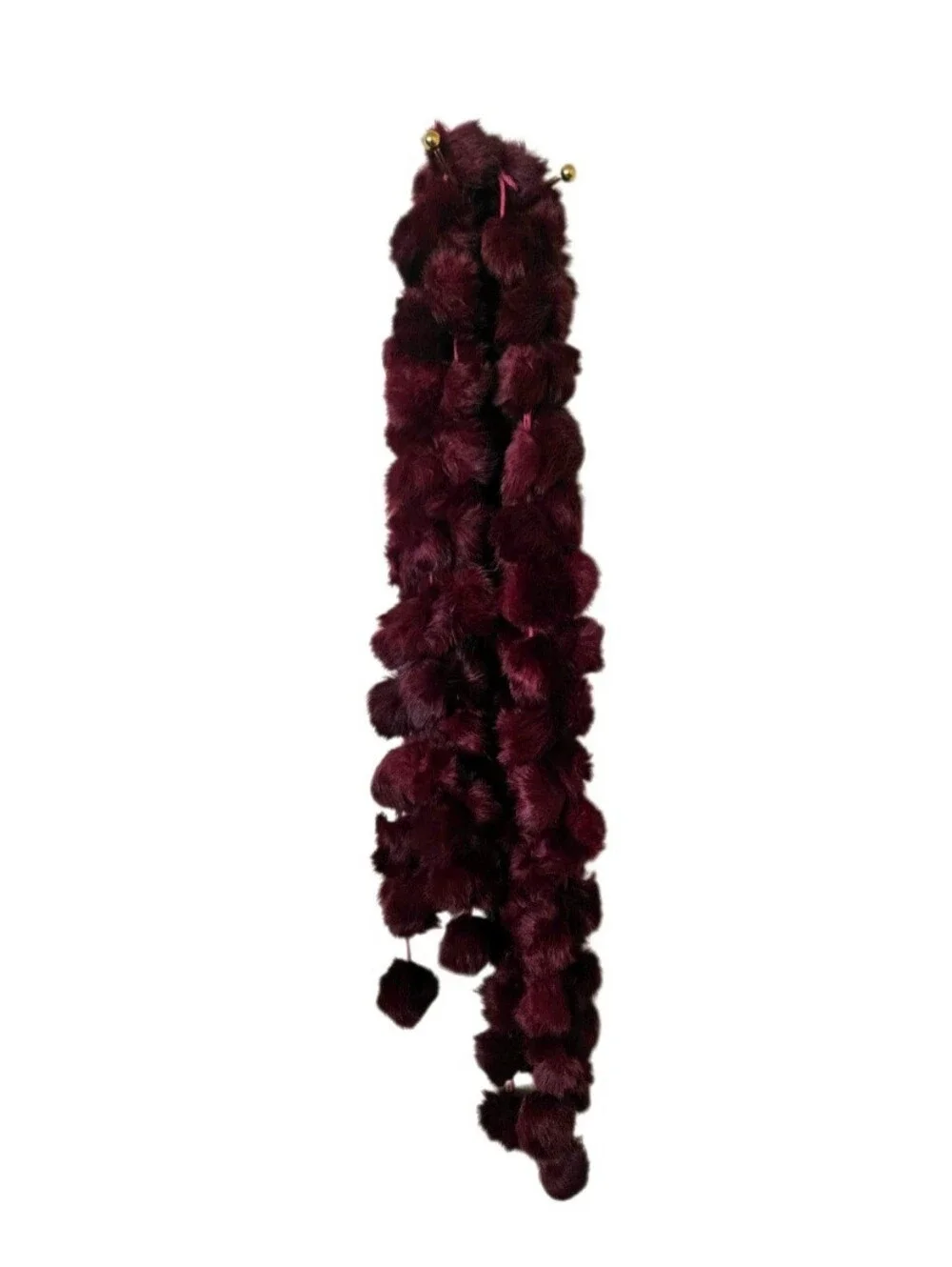 Women's Genuine Y2K Rabbit Fur Pom-Pom  Burgundy Scarf One Size